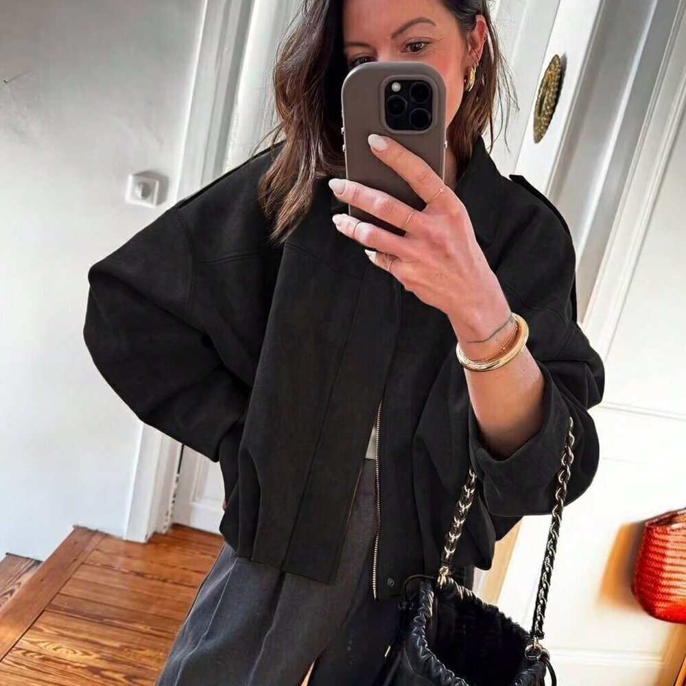 Black Casual Women's  Loose Long Sleeves Zip Bomber Coat Jacket Outerwears